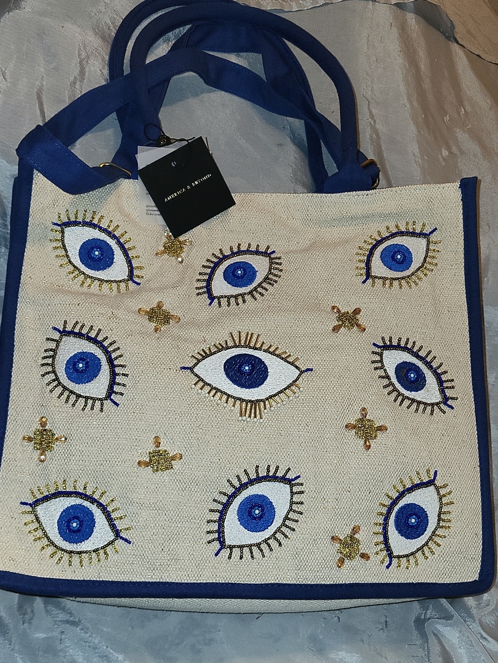 America & Beyond Blue Evil Eye Tote W Shoulder Strap Bnwt ML M